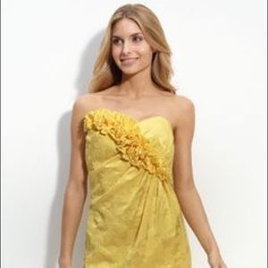 Maggy London Strapless Ruffle Trim Jacquard Dress
